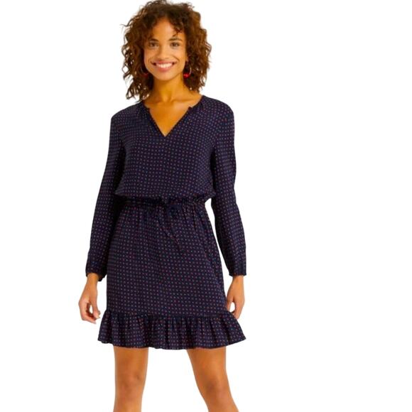 Draper James Printed Popover Tie Dress in Nassau Navy Blue Red Floral Polka Dot - Picture 1 of 16